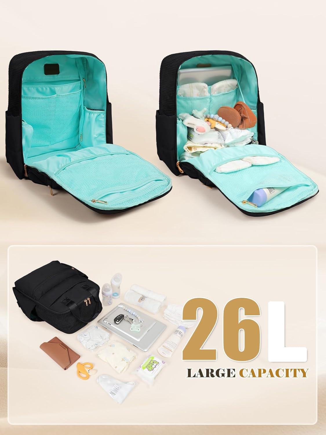 MOMINSIDE Diaper Bag Backpack - Baby Essentials Travel Tote - Baby Diaper Bag, Travel Essentials Baby Bag Diaper Bags with Changing Pad, Stroller Straps，15 Pockets,4 Insulated Pockets,Black