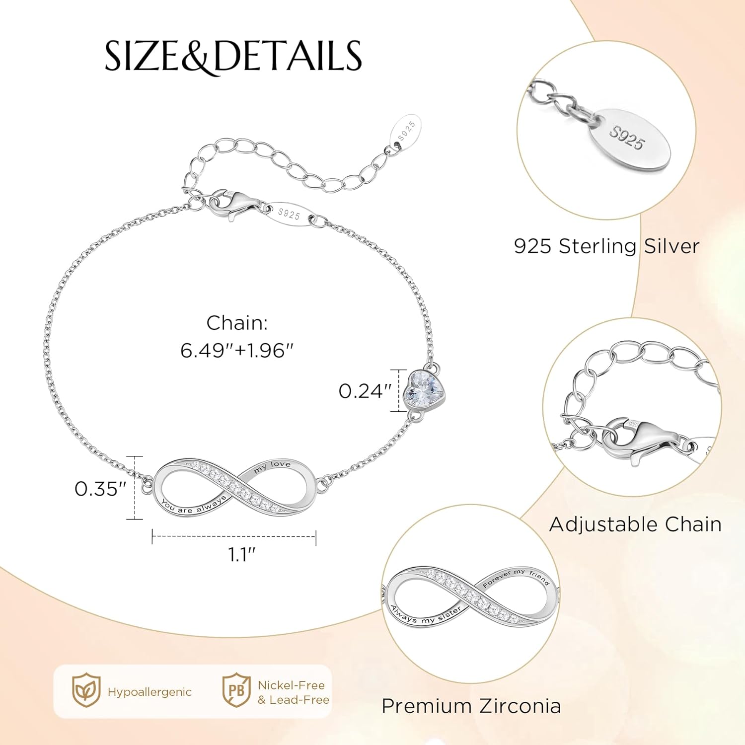 NORBU S925 Infinity Bracelets for Women, Sterling Silver Womens Infinity Heart Birthstone Link Charm Bracelet, Jewelry Gifts for Her Christmas Birthday Valentine Mother's Day - Image 5