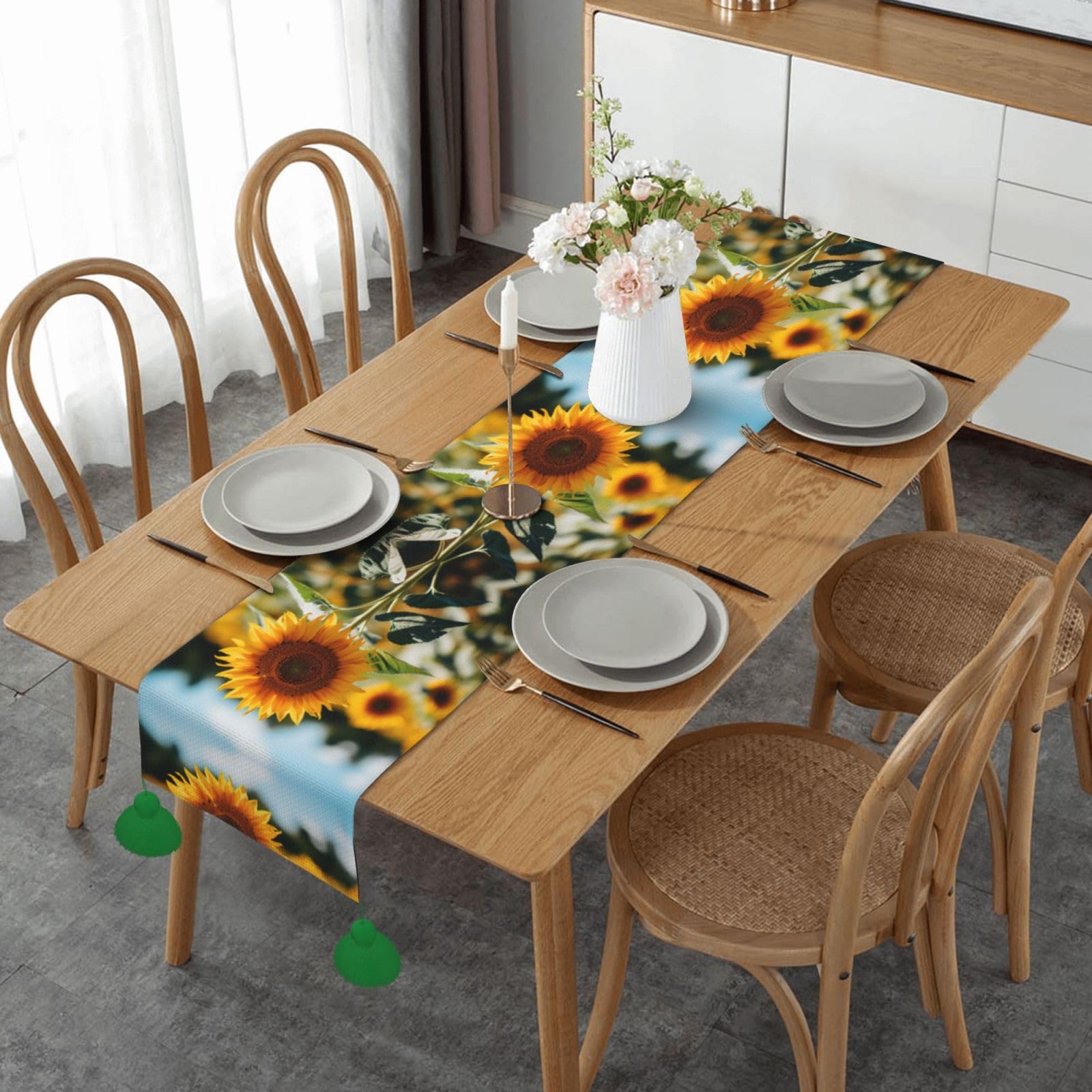Chemin de table tournesol imprimé pour salle à manger et table basse rustique