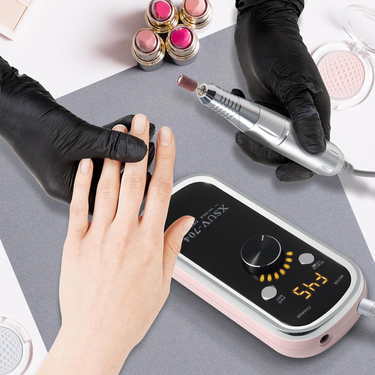 Professional Electric Nail Drill Kit 45000RPM with Bits and Base Pink Portable Rechargeable Cordless Nail E- File Machine for Acrylic Gel Powder Nails and Manicure Pedicure Toenail Tool Set