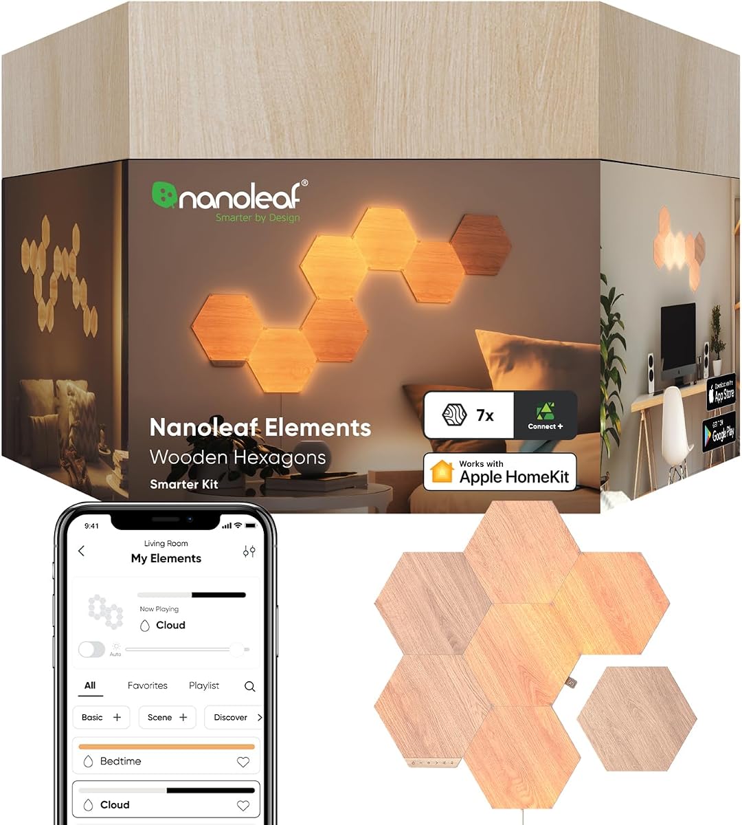 Nanoleaf Elements Hexagon Lights, Smart RGBW LED Wall Light Panels, 7 PK | Compatible with Alexa, Home Wall Decor for Living Room with Music Sync, Smarter Kit
