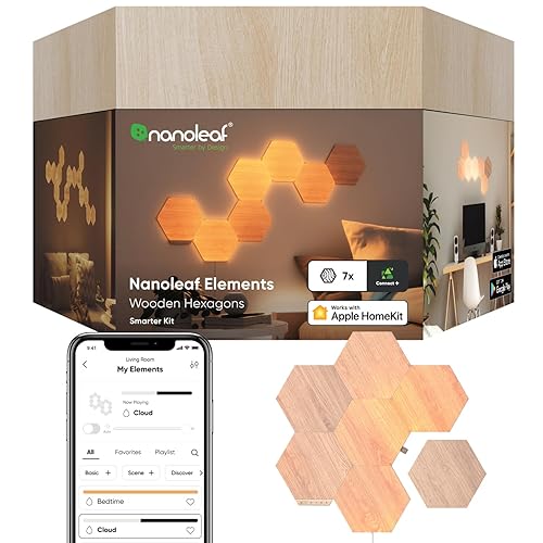Nanoleaf Elements Wood Look Smart Wall Lights, Hexagon LED Wall Lights work with Alexa Google Assistant, Home Wall Decor for Living Room with Music Sync, Touch Control, Ambient Lighting, 7 PK - Smarter Kit (7 Panel)