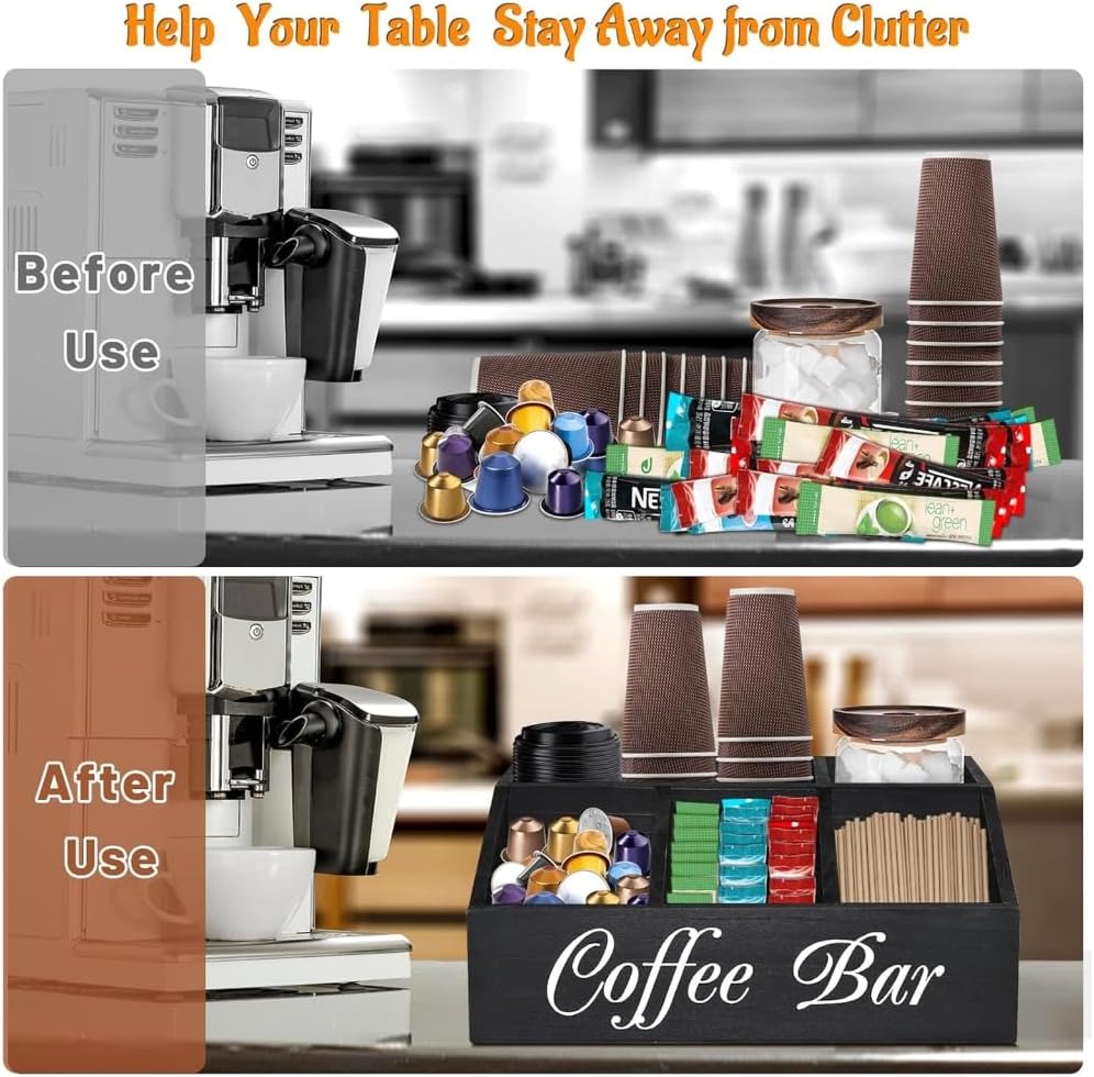 Multi Functional Coffee Accessories Storage Box Natural Wood Teas Condiment Organiser with Multiple Compartments