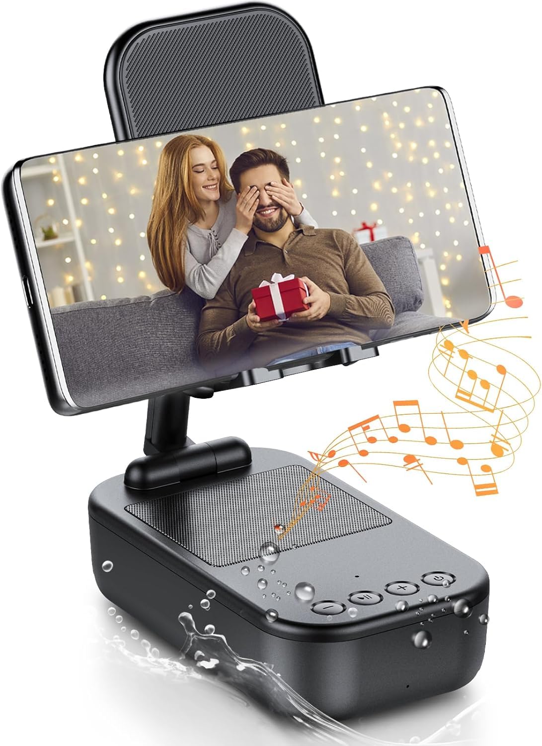 Bluetooth Lautsprecher mit Handyständer, HD-Surround-Sound Bluetooth Box, IP7 Wasserdichter Lautsprecher, Verstellbarer Handyhalter & Tragbarer Musikbox kompatibel mit Phone/Pad,Schwarz