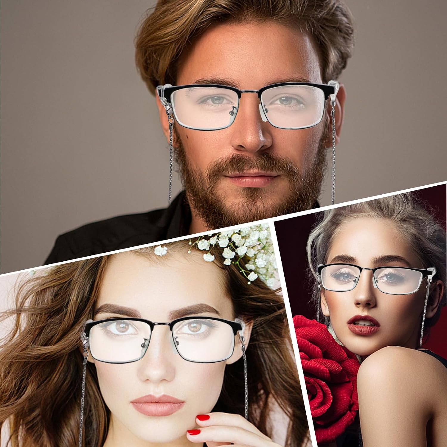 6pcs Metal Eyeglasses Chain Set, Decorative Hanging Eyewear Straps with Anti-slip Design, Silver, Platinum, and Gunmetal Colors, Suitable for Men and Women Daily Use