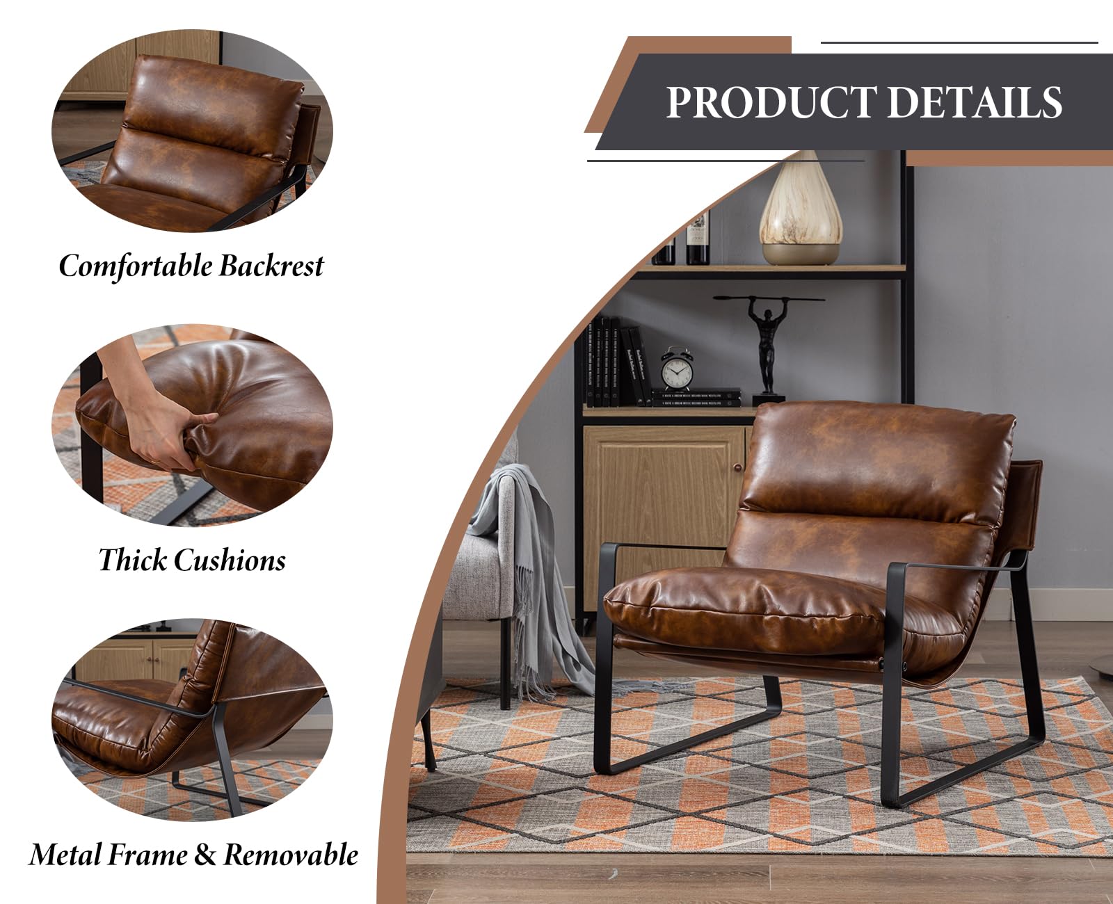 Ya-Home Poltrona Salotto Sedia da Salotto in Ecopelle Poltroncina Imbottita con Braccioli Poltroncine Salotti con Struttura in Metallo per Camera da Letto/Soggiorno, Marrone