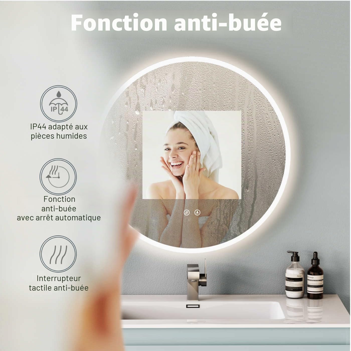 HOKO® Miroir de Salle de Bain 60cm, avec Fonction Anti-buée+Chauffage du Miroir. Miroir Rond+équipé d'un Interrupteur Tactile et lumière LED réglable de Blanc Chaud/Blanc Froid/Neutre 2700-6500k