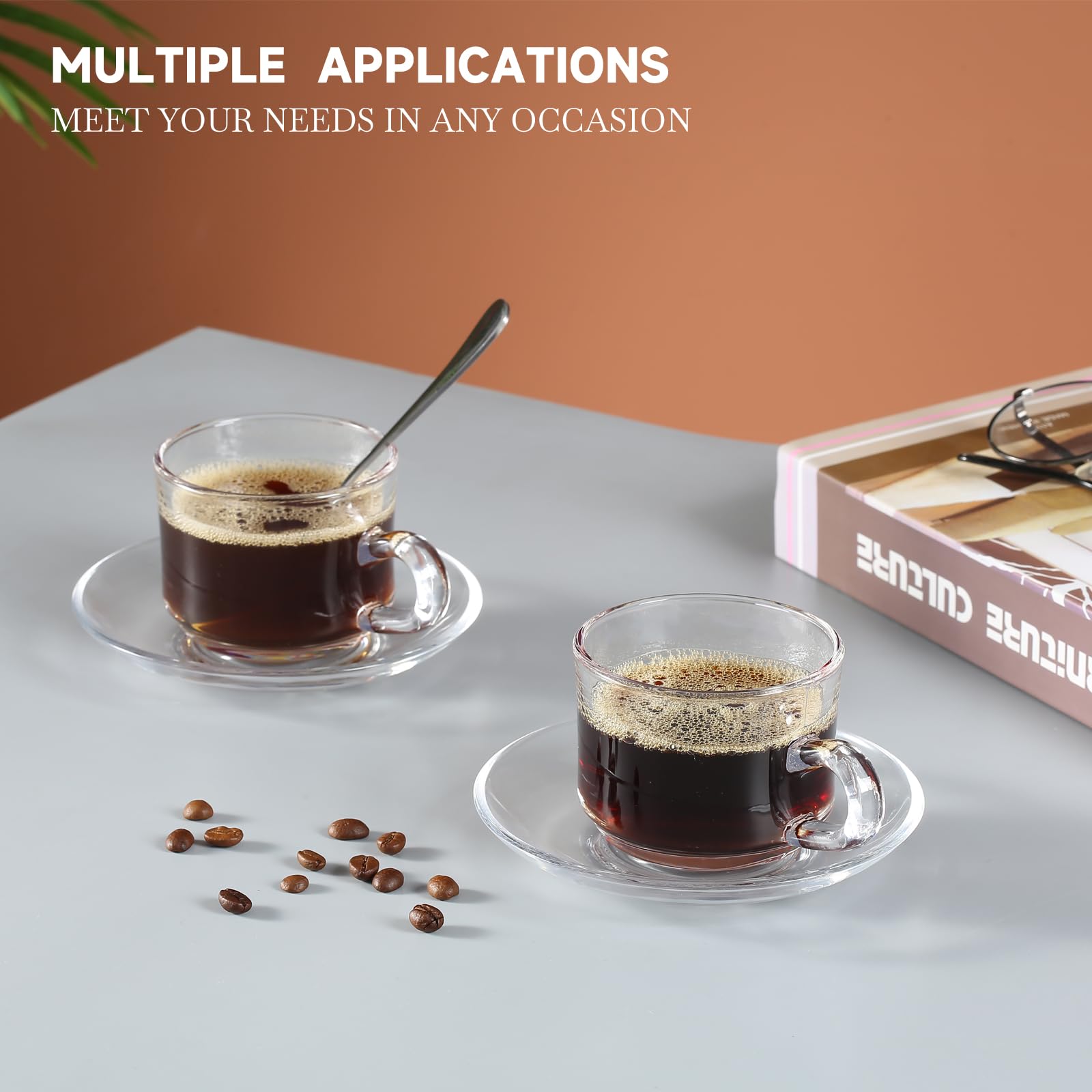 Juego de 6 tazas de té y platillos de vidrio, tazas de café transparentes con cuchara de acero inoxidable, aptas para lavavajillas y microondas, para espresso, capuchino, latte, jugo de té, 6