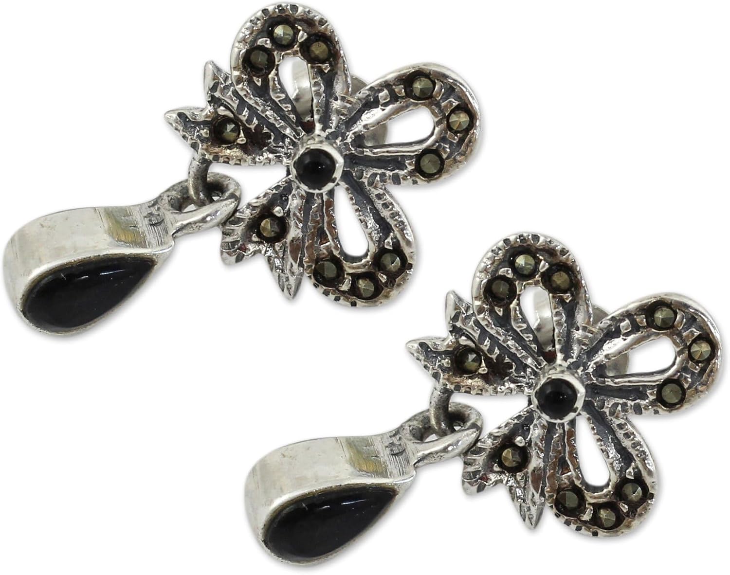 NOVICA Artisan Handmade Onyx Marcasite Dangle Earrings Vintage with Sterling Silver Grey Thailand Birthstone [0.9 in L x 0.5 in W] ' Enchanted Bows'
