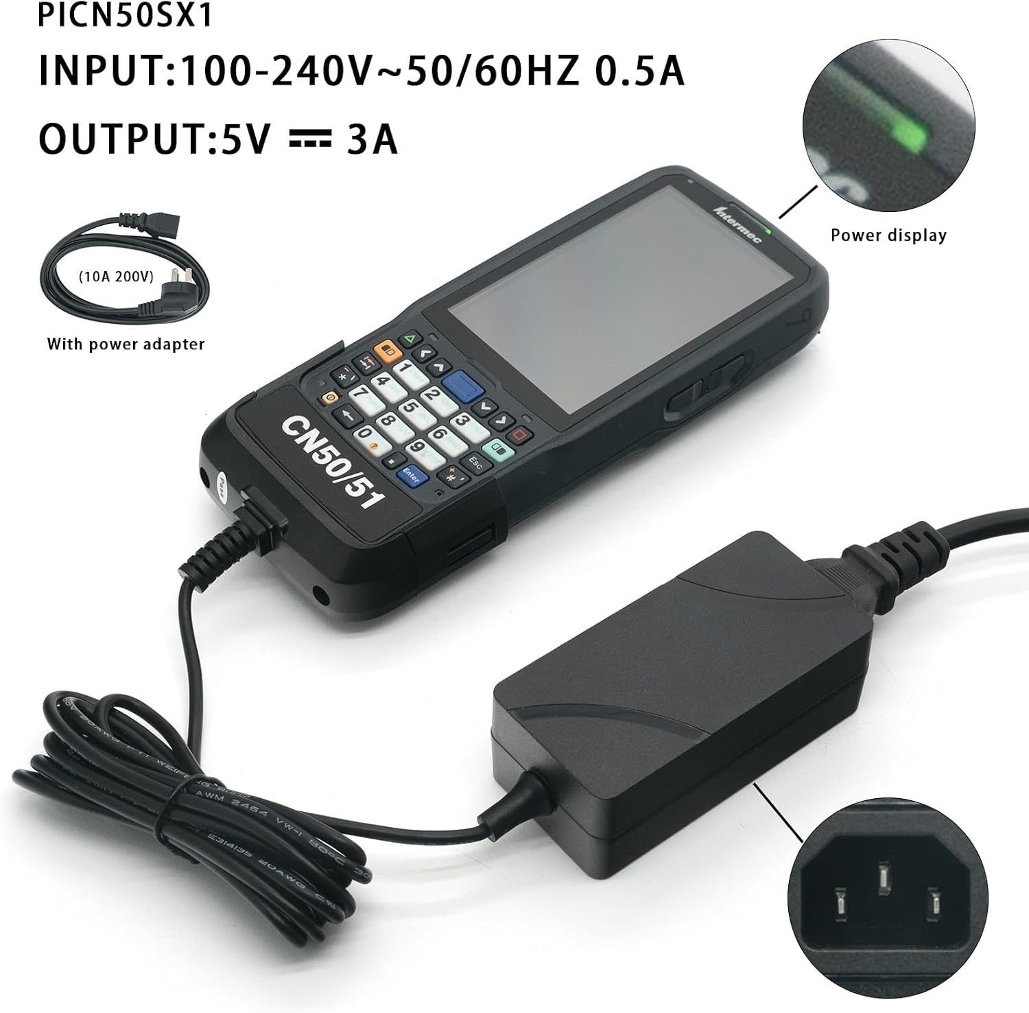 Desktop Power/Comm Adapter Charging Cable for Intermec CN50 CN51 Barcode Scanner (PN 851-093-201), Fast Safe Charger 5V/3A