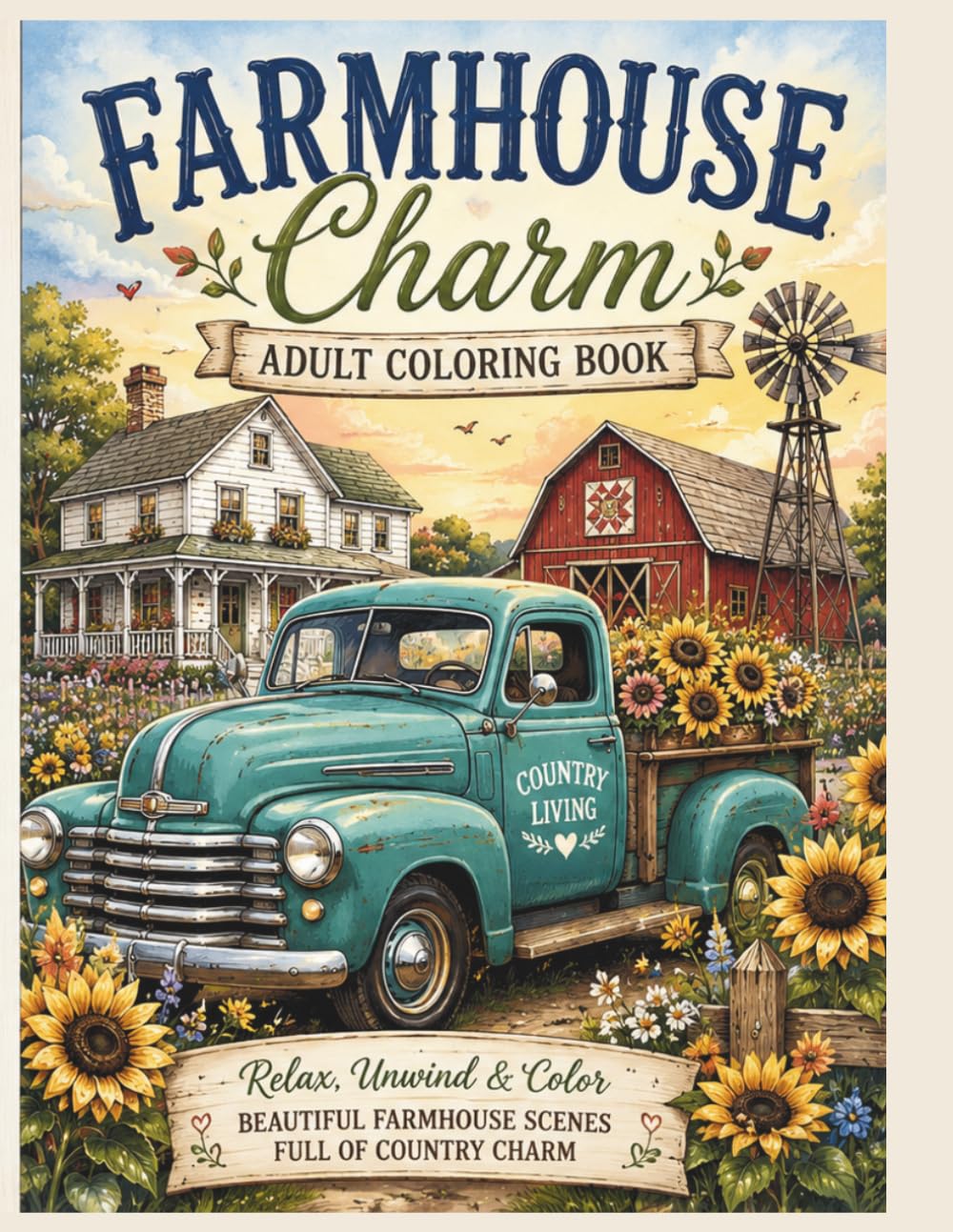 Farmhouse Charm Coloring Book: 42 Relaxing Country Scenes Featuring Vintage Trucks, Rustic Barns, Cozy Farmhouses, Blooming Gardens & Farm Animals (Bloom & Breathe Series)