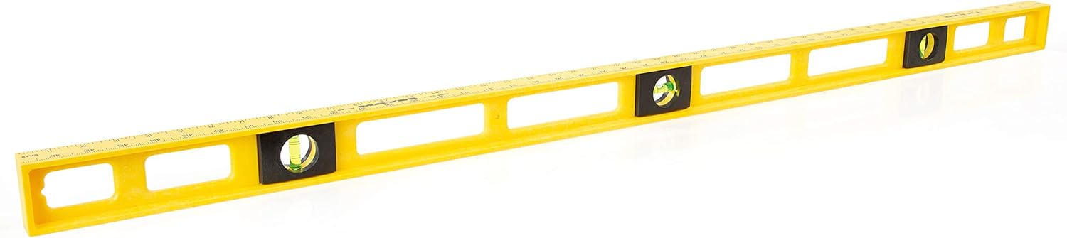 Mayes 10102 Polystyrene 4ft Level, 48 Inch Level Made in the USA, Contractor, Plumber, and Carpenter Tools, Impact Resistant Frame, Three Vials, Accurate to .001 Inch, Won’t Scratch Work Surfaces