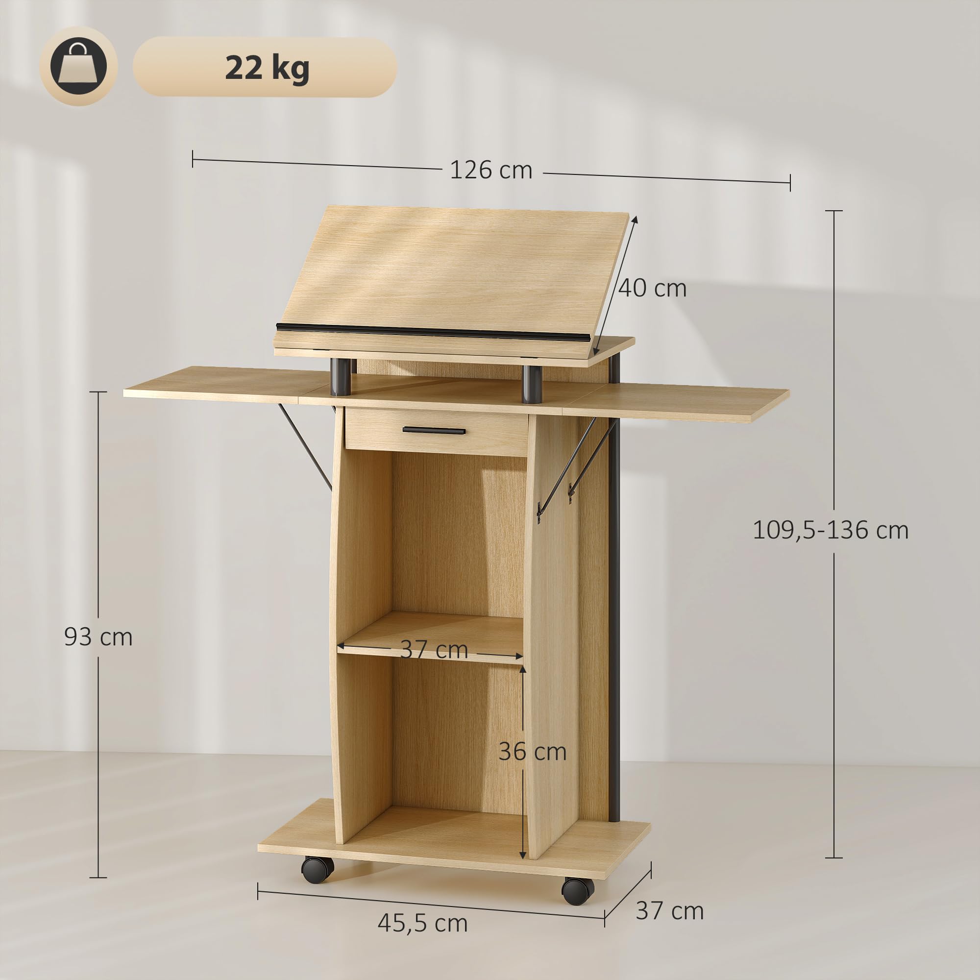 HOMCOM Rednerpult Podium mit Rädern, klappbaren Seitenflügeln, neigbarem Laptopständer, Podiumständer mit Schublade, Regal Stehpult für Kirche, Vortrag, Klassenzimmer Eiche 126 x 37 x 136 cm