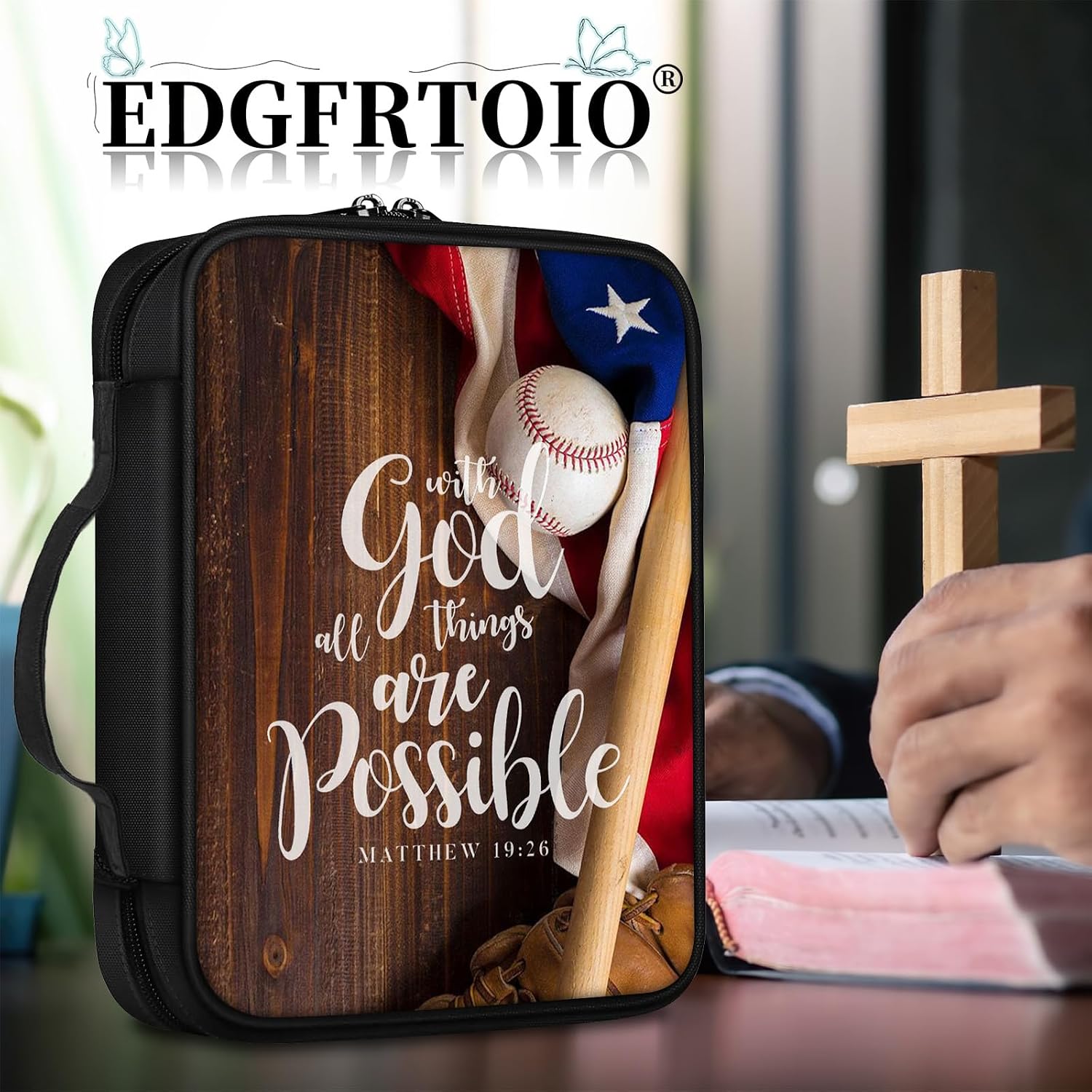 Bible Cover, With God All Things Baseball Bible Case with Handle and Zippered Pocket Standard Size Holy Bible Bag Women Gifts, Church Bag Portable Bible Carrying Book Case for Bible Study