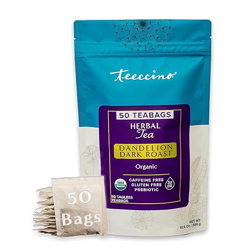 Miniatura 5 de Teeccino Té de hierbas de diente de león, 50 bolsas de té ecológicas sin etiquetas, tostado oscuro, sin cafeína, prebiótico, sin gluten, 3 veces más