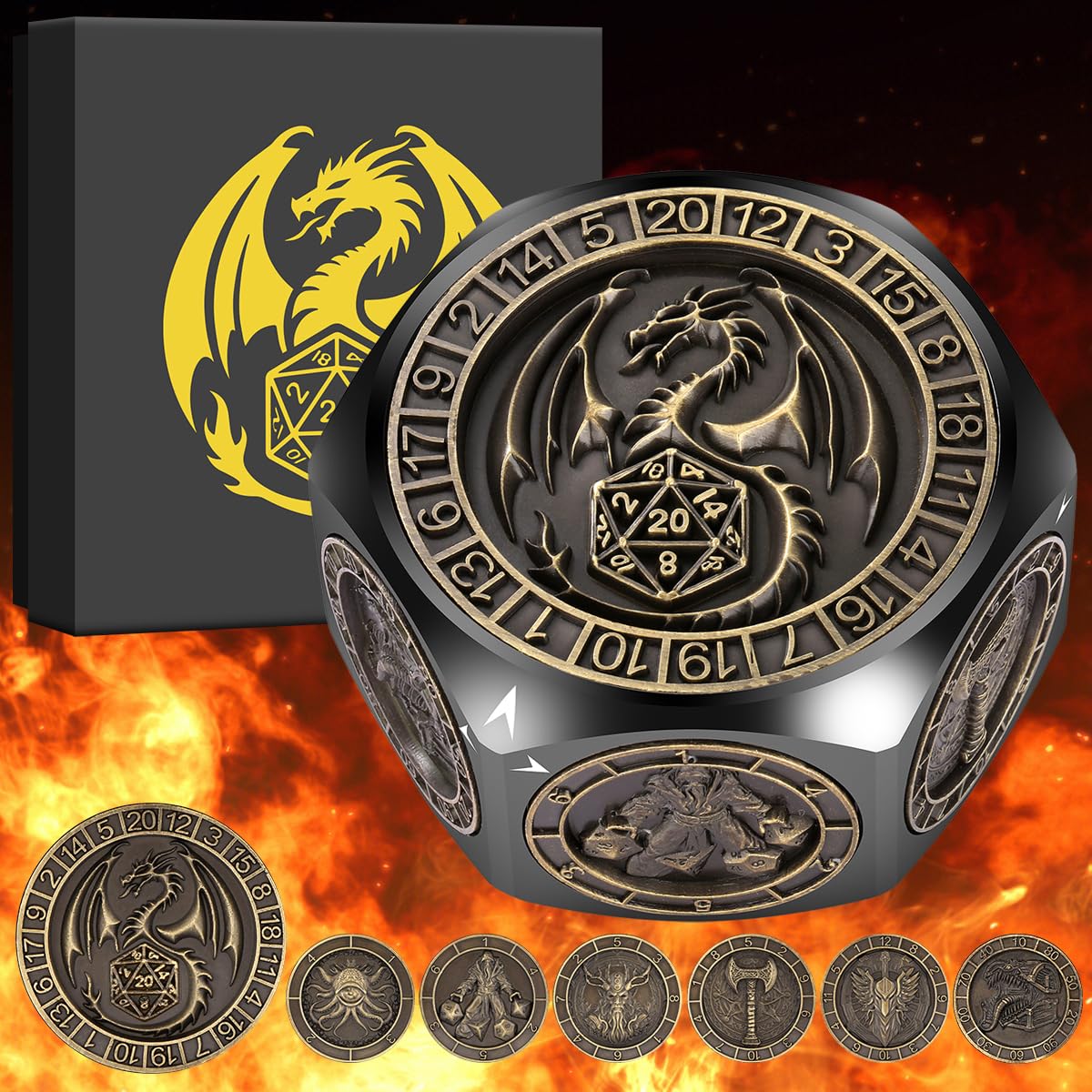 Set di Dadi Rotanti DND, 8 Facce Spinner Dadi in Metallo, Design a Rilievo 3D, Dadi Poliedrici Girevoli, Regalo D&D con Scatola Logo Drago, MTG, Giochi da Tavolo, Accessori per Giochi di Ruolo, Nero