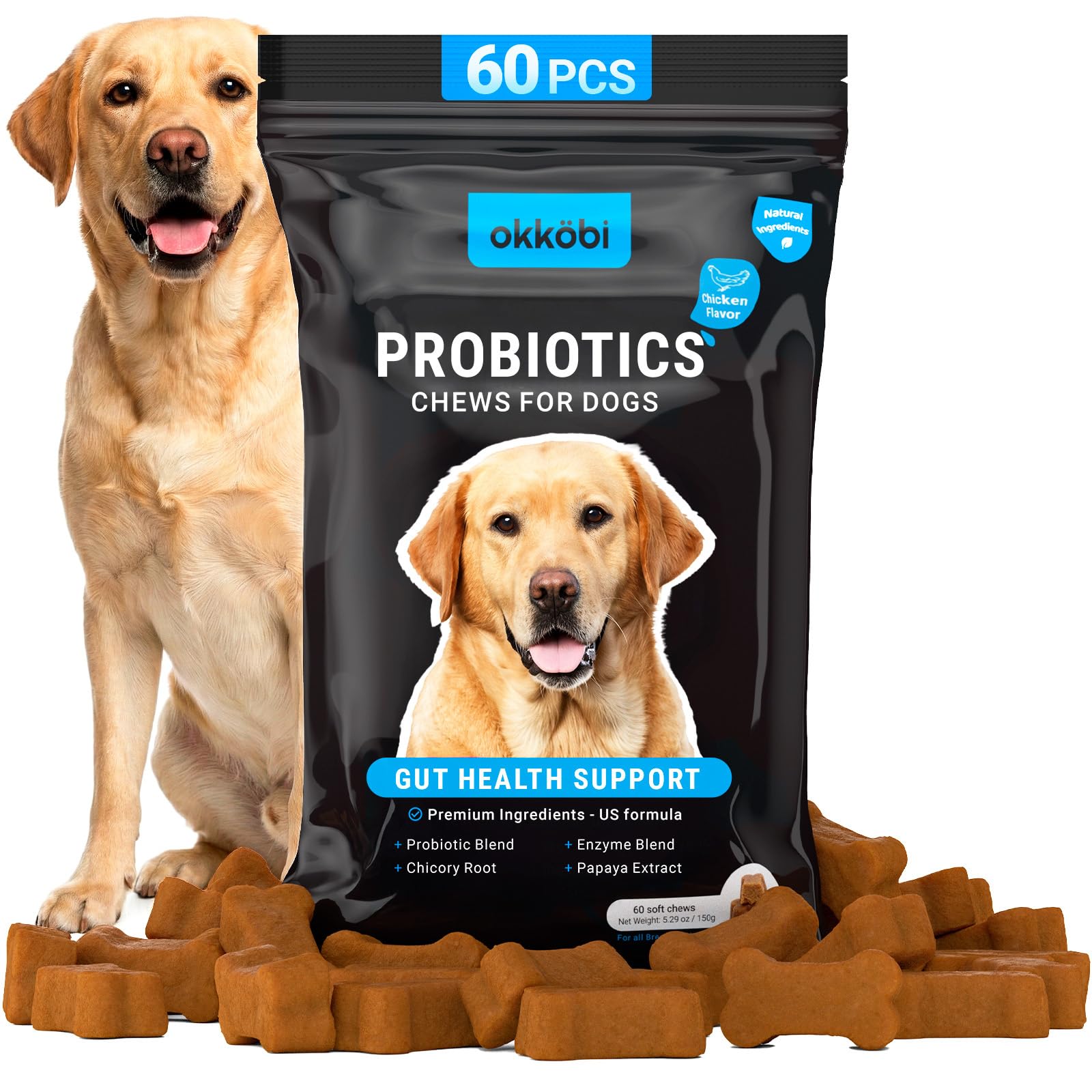 Probiotics for Dogs Chews 60 Pcs - Digestive, Gut Health & Diarrhea Support - With Dog Probiotics, Enzymes & Natural Ingredients - Chicken