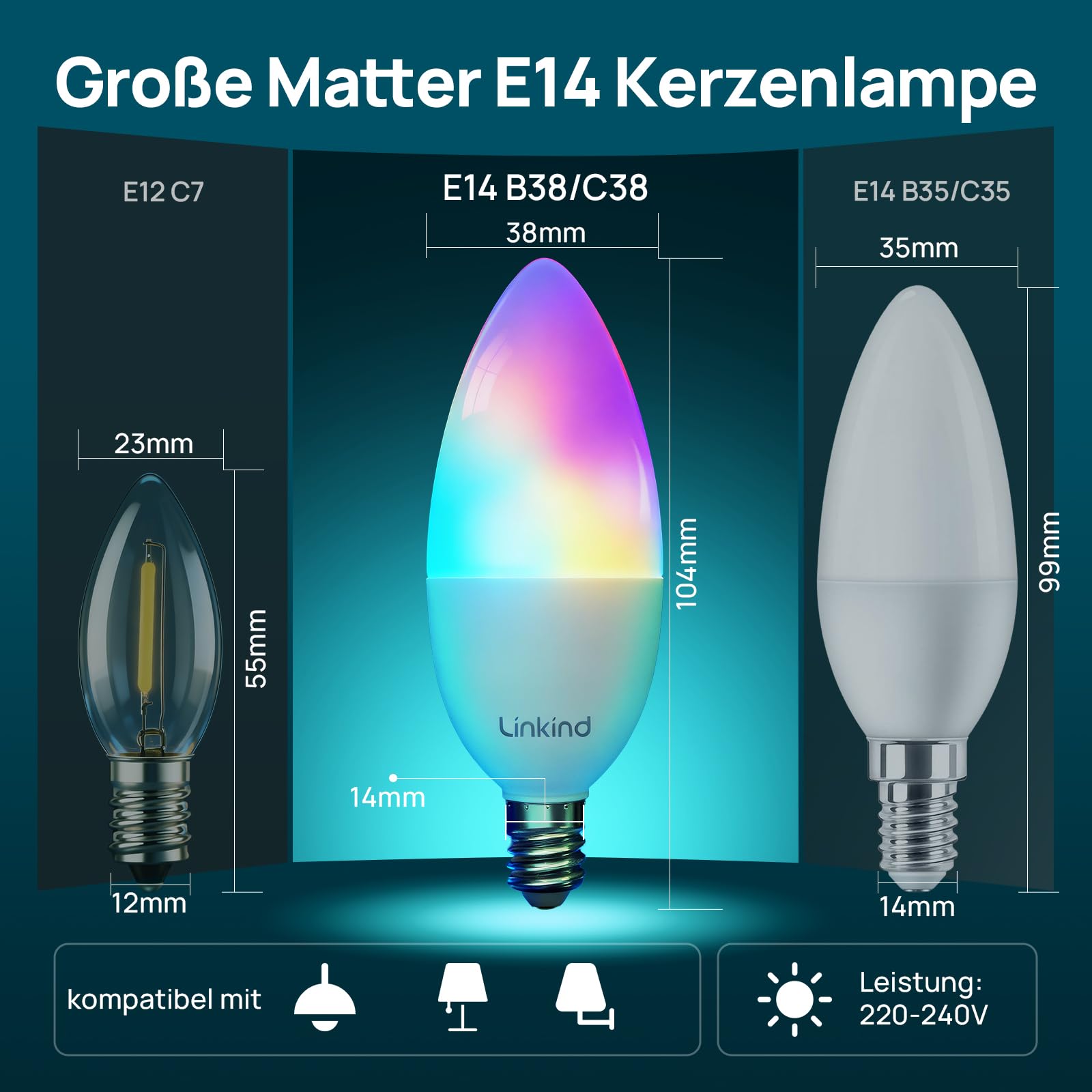 Linkind Matter E14 Smart Glühbirne B38 RGBTW, 1800K-6500K, CRI 90+, 470lm, 4.8W, 3 Stück