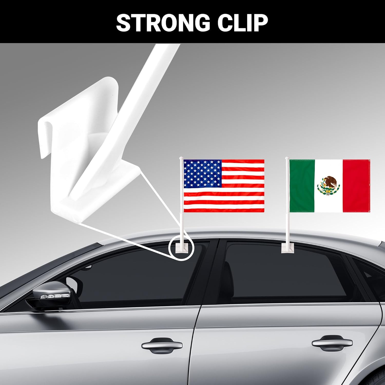 G128 Combo Pack: American USA Car Flag & Mexico Mexican Car Flag 11x17 In | Both Double Sided Printed 150D Polyester | Flagpole Included | Perfect for Festival Celebrations, Parades