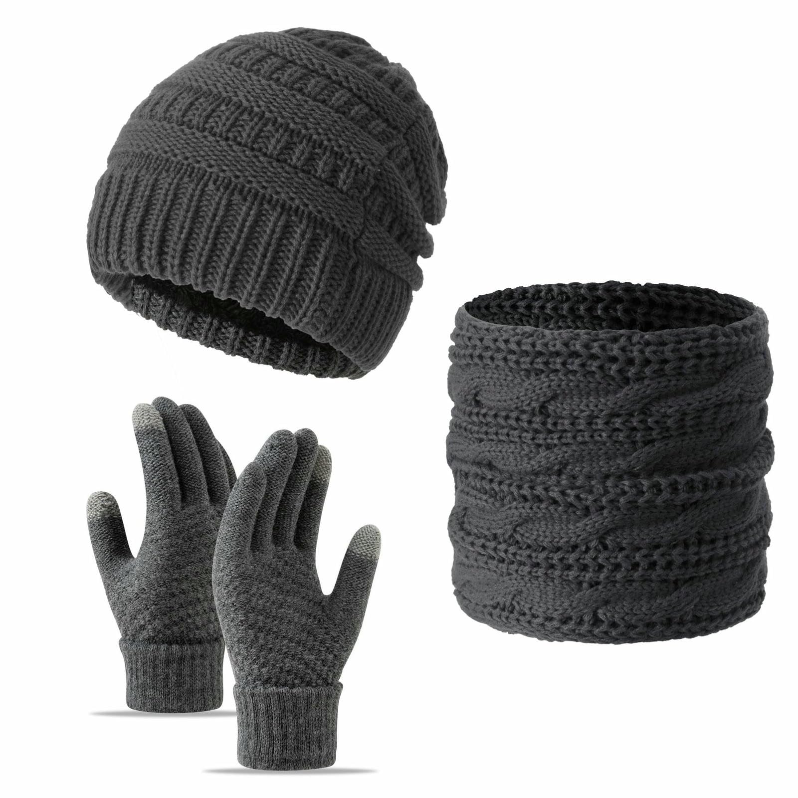 Mütze Schal und Handschuhe Winterplüschiges Verdicktes, Wind- Kältebeständiges Dreiteiliges Set Aus Gestrickter Wollmütze, Handschuhen-dunkelgrau