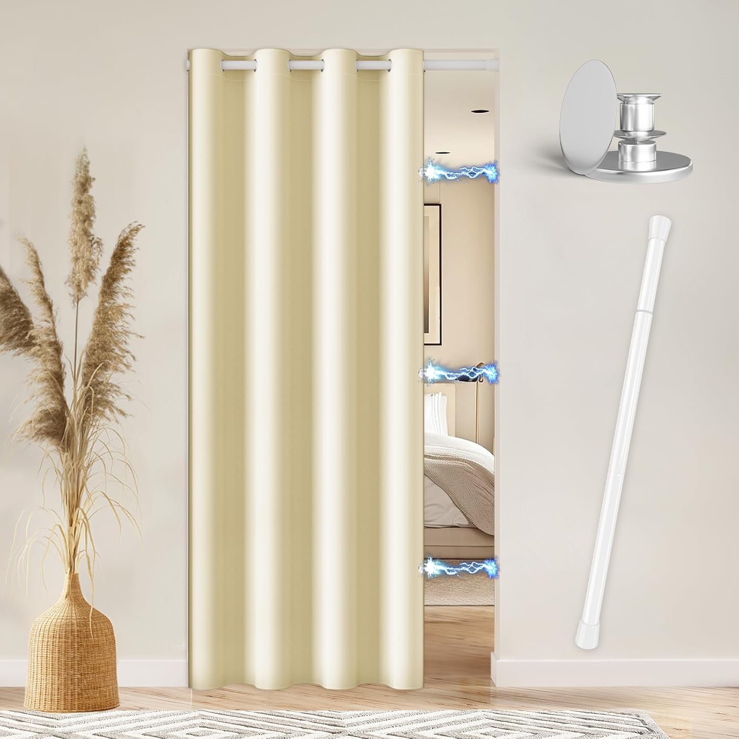 Vatge Door Curtain with Rod, Magnetic Door Curtain for Doorways, Room Divider for Living Room, 1 Panel, W42 x L80, Light Beige