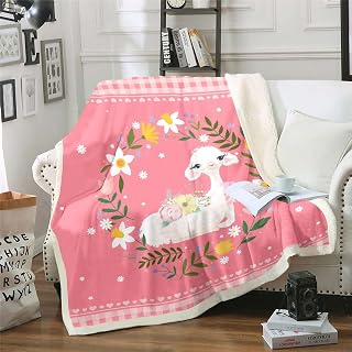 Cute Alpaca Fleece Blanket Kawaii Animal Sherpa Blanket for Girls Boys, White Llama Blanket Baby Size Geometric Plaid Throw Blanket for Sofa, Yellow White Floral Flannel Blanket for Kids Bedroom