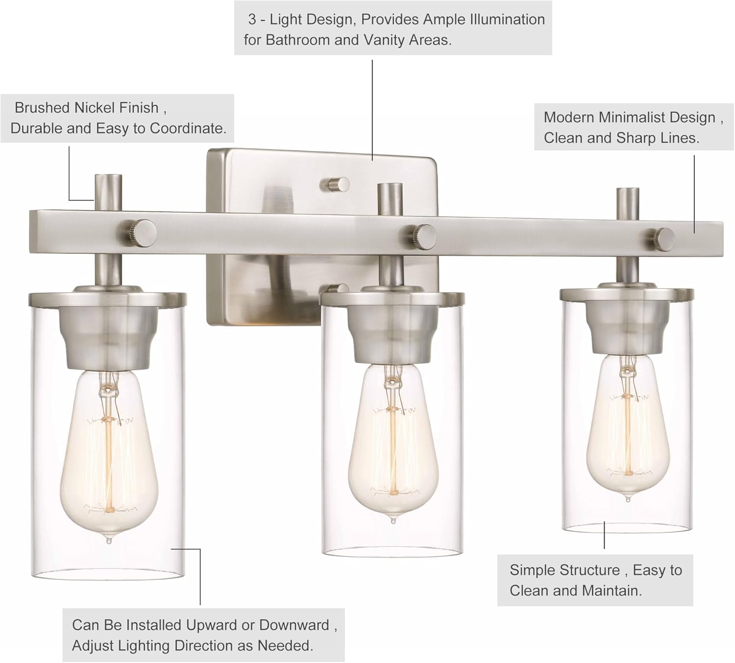 Tawson Hos Modern Farmhouse 3-Light Vanity Light with Clear Glass Shade in Brushed Nickel for Bathroom, Hallway, Entryway, Kitchen, Mirror, Laundry Room