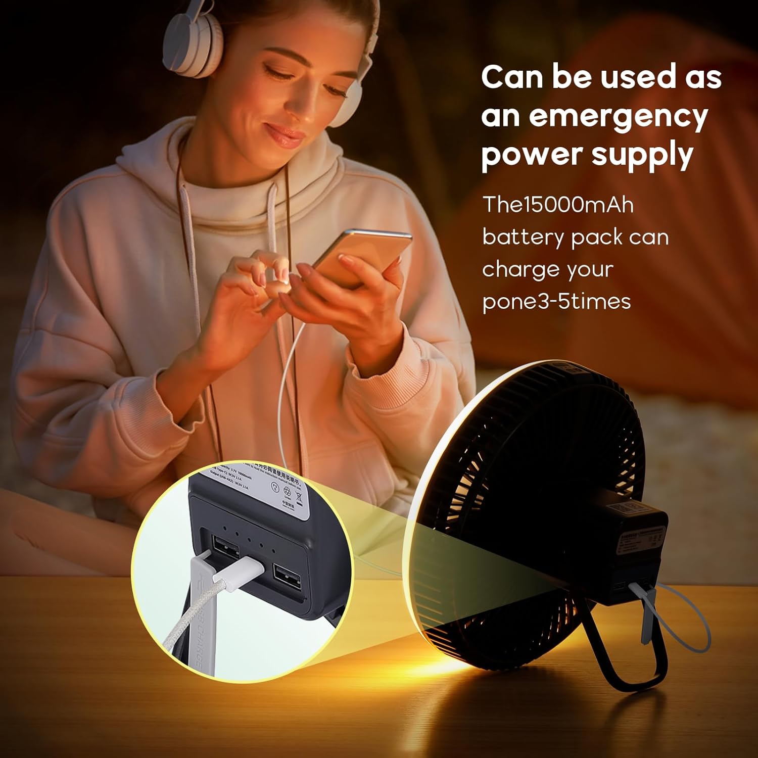 Lixada 5in1 Camping Fan with Light-Outdoor Fan with APP control,15000mAh Rechargeable Portable Standing Fan with LED lantern，Hanging Hook for Tents, Cordless USB Desk Fan, Dark Gray, M-USBOL6388-S