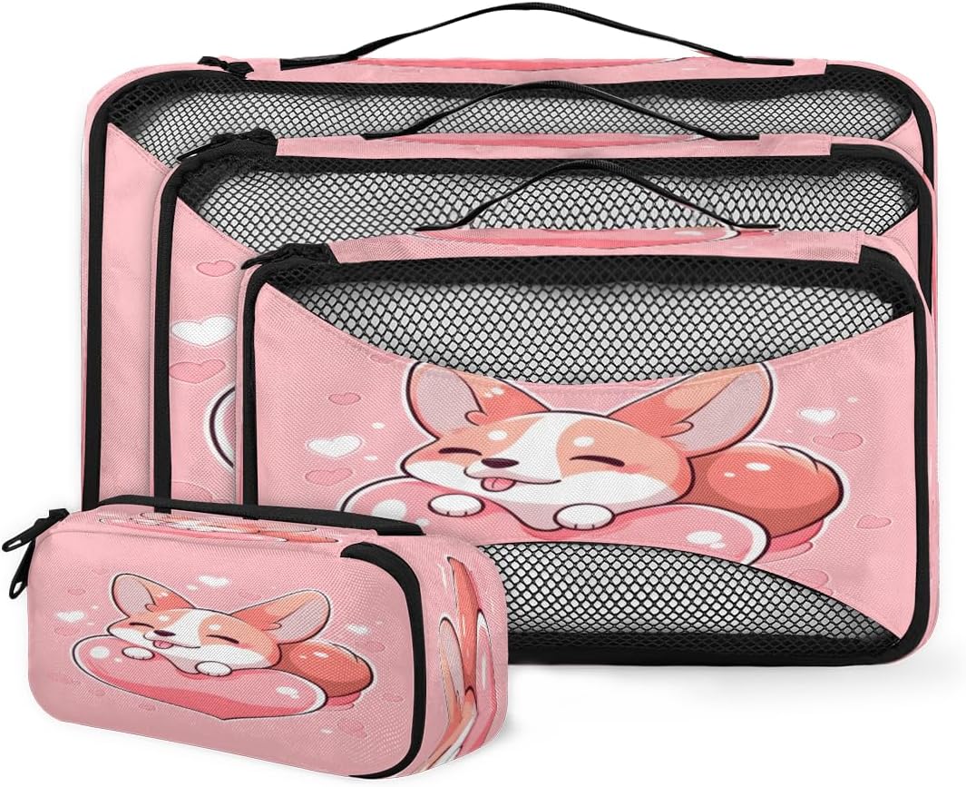 Lovers Dog Cute Packing Cubes 4 Pack Travel Packing Bags Set Lightweight Mesh Travel Luggage Organizer Clothes Carry on Suitcase Bags for Accessories Essentials