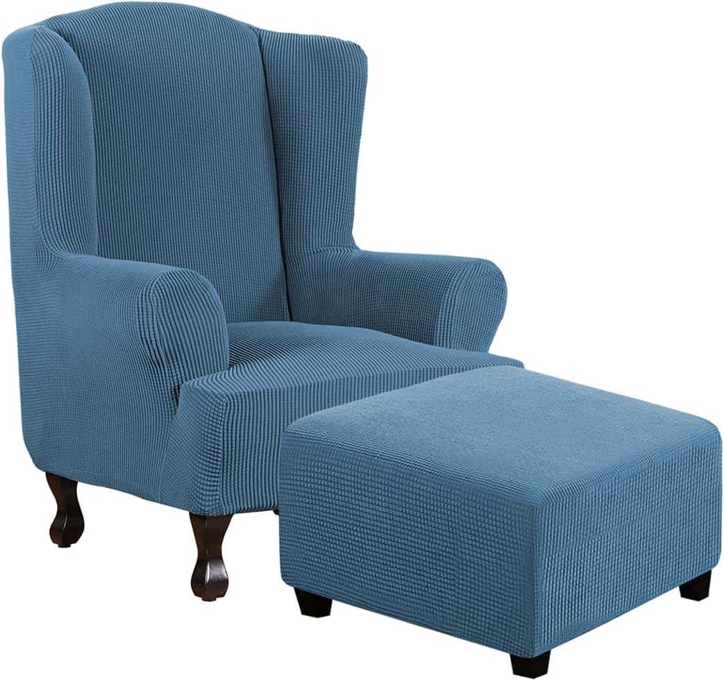 H.VERSAILTEX 1 Piece Wing Chair Covers Bundles Square Ottoman Slipcovers, Dusty Blue