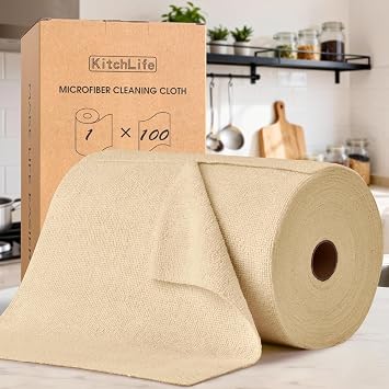 KitchLife Microfiber Cleaning Cloth Roll, 100 Pack - Tear-Away Microfiber Paper Towels, Lint-Free, Reusable, Washable for Kitchen, Car, Dishes, and Sensitive Surfaces Wheat