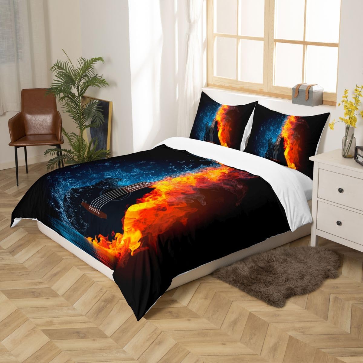 Feelyou 3D Print Music Themed Guitar Duvet Cover Set Queen Size Bedding Set Modern Gorgeous Microfiber Polyester Quilt Cover with 2 Pillow Shams, Zipper Closure, Soft Lightweight 3 Pieces