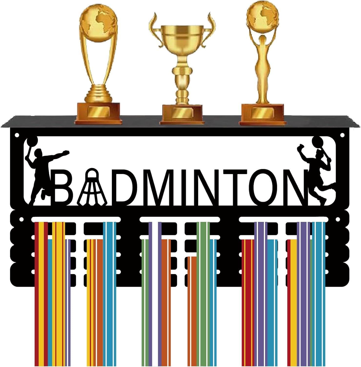 CREATCABIN Badminton Medal Hanger Display Trophy Shelf Medal Holder with Shelf Stand Sports 4 Rows Metal Hanging Wall Mount Frame Hold 70+ Medals for Run Competition Ribbon Medals Rack 15.7x7.9Inch