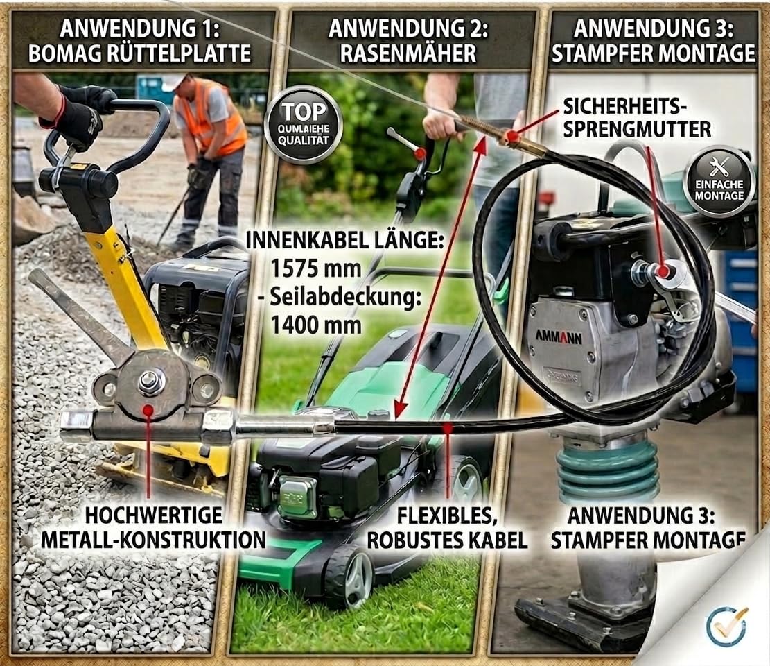 Gashebel mit Seilzug 1400mm | Universal Gaszug für Rüttelplatte, Stampfer, Rasenmäher | passend für Bomag, Ammann u.v.m | Robuste Metall Konstruktion inkl. Sicherheitsmutter,Gewinde und Schrauben