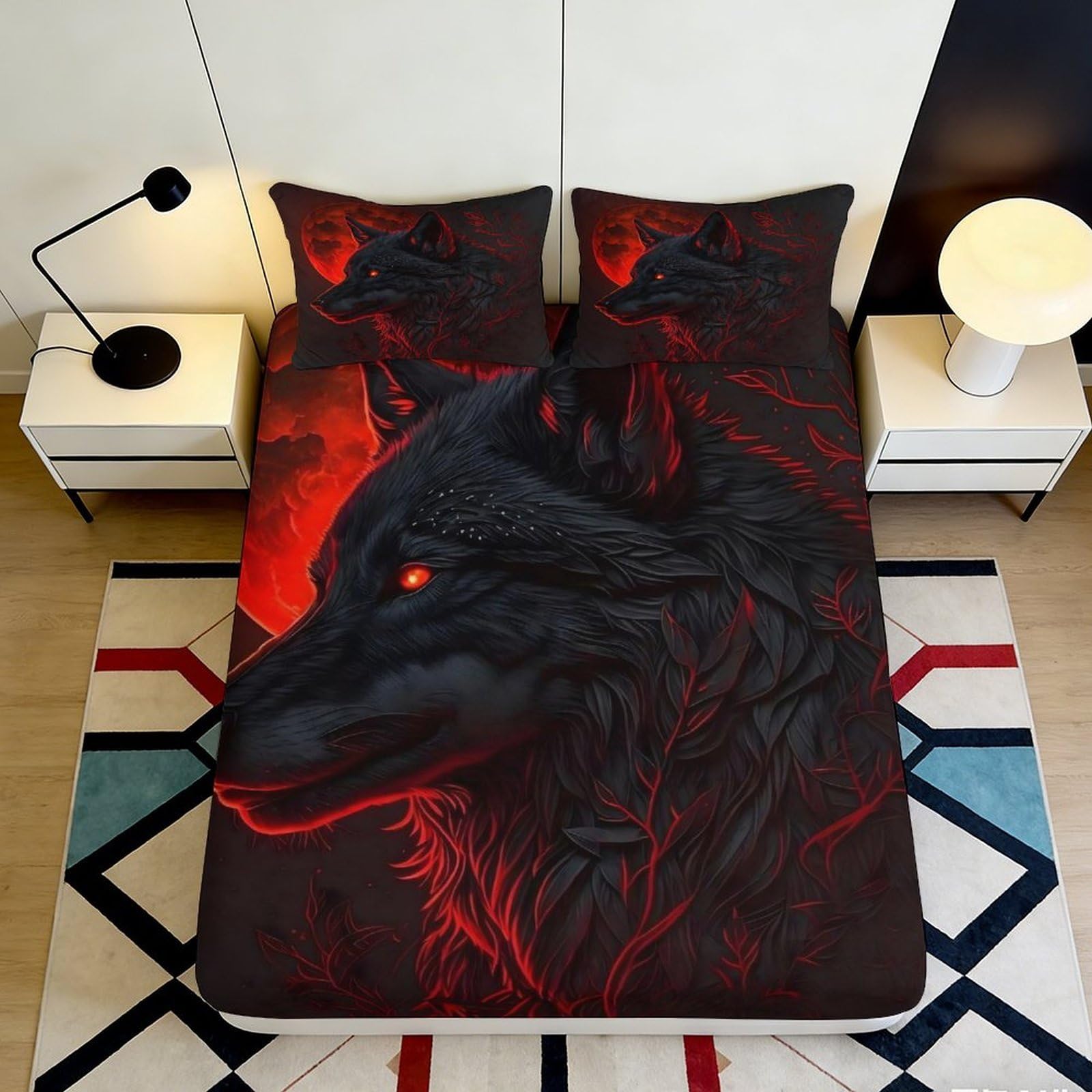 3D Printed Dark Wolf Fitted Sheet Microfiber Soft Artistic Red Moon Mattress Cover for Bedroom Dorm Decor 90x200x25cm
