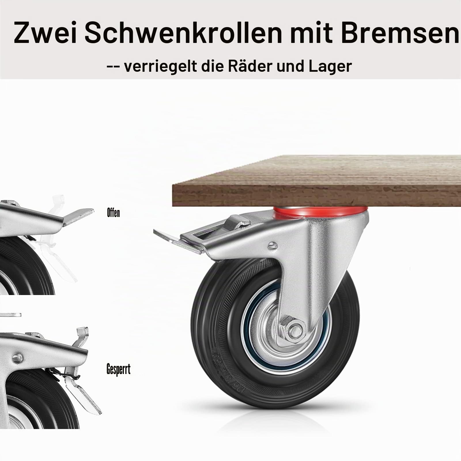 8er Set Schwerlastrollen 160 mm, Lenkrollen bis 1200kg Traglast | Inkl. Schrauben, 360° Drehbar & Geräuschlos, 4 mit Feststellbremse, 4 ohne. Ideal für Möbel, Paletten und Lager
