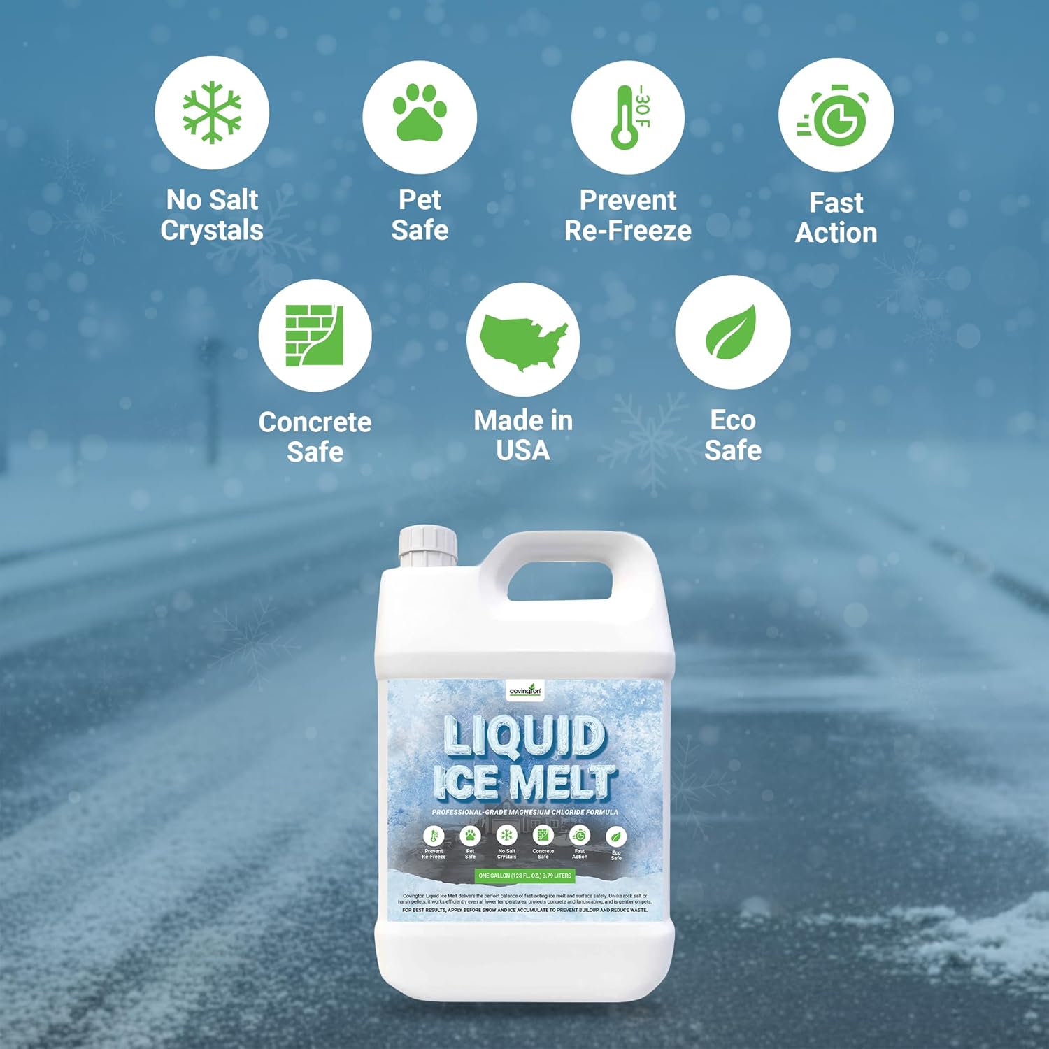 Liquid Ice Melt (1 Gallon) Pet-Safe, High Coverage Salt-Free Deicer for Sidewalks, Driveways & Concrete, Liquid Magnesium Chloride Formula, Apply Before Ice or Snow fall, Prevents Refreeze up to -30°F