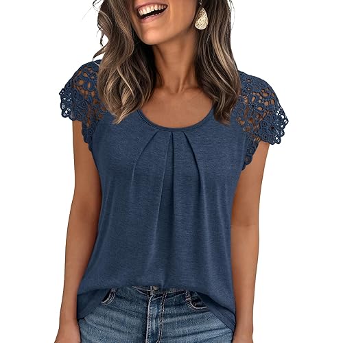 AUTOMET Womens Lace Tops Pleated Short Sleeve Shirts Summer Business Casual Dressy Blouses