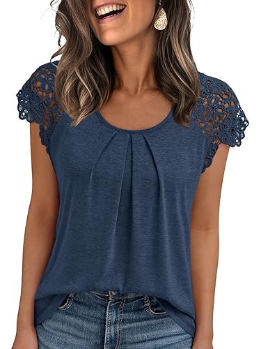 AUTOMET Womens Lace Tops Pleated Short Sleeve Shirts Summer Business