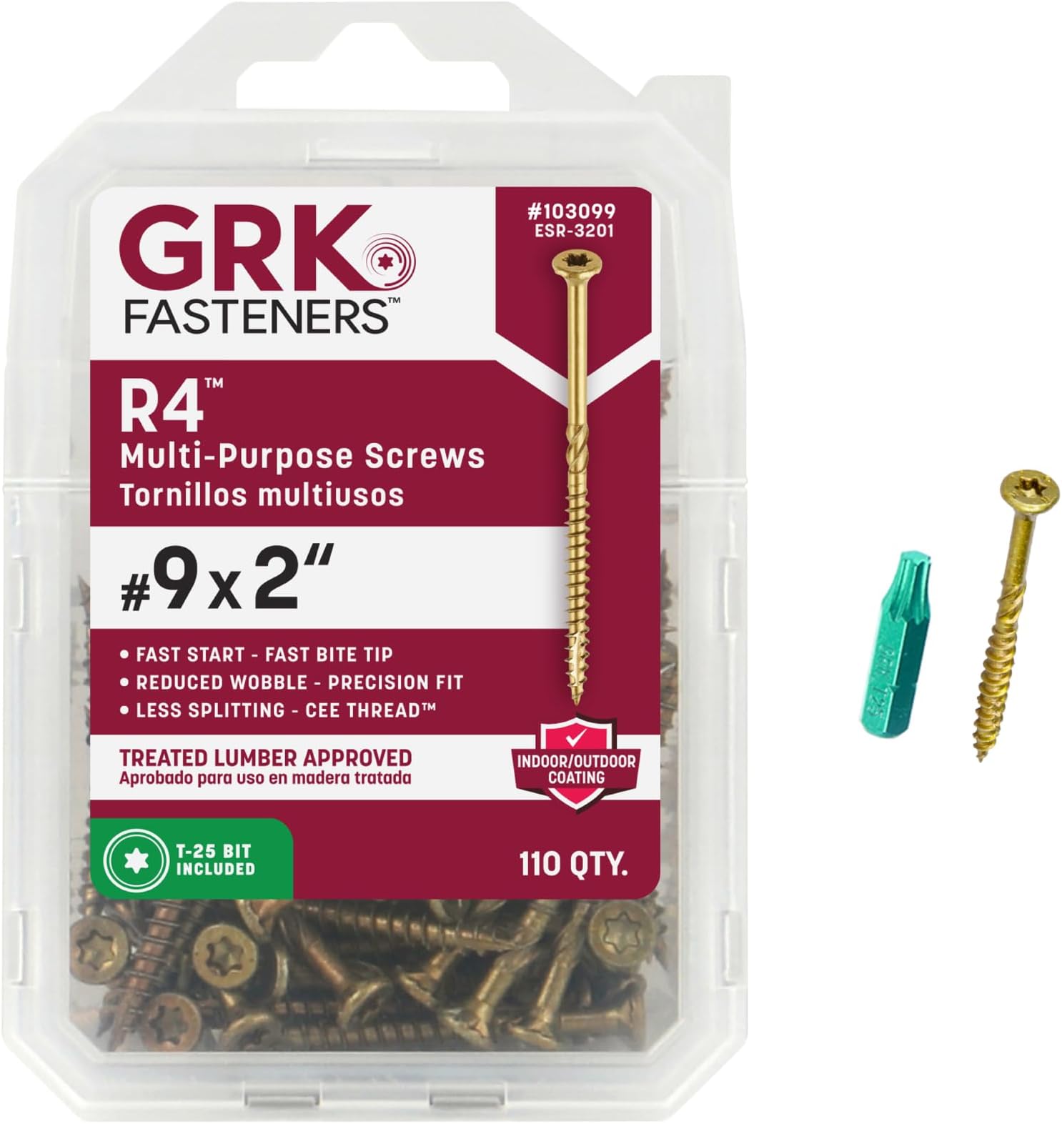 GRK Fasteners R4™ #9 x 2 Inch, Multi-Purpose Framing Screws, 110 PCS, Rust Resistant Climatek™ Coating, Outdoor Fencing and Deck Screws, Fast Bite Tip with Star Drive Recess, T-25 Bit Included, Gold