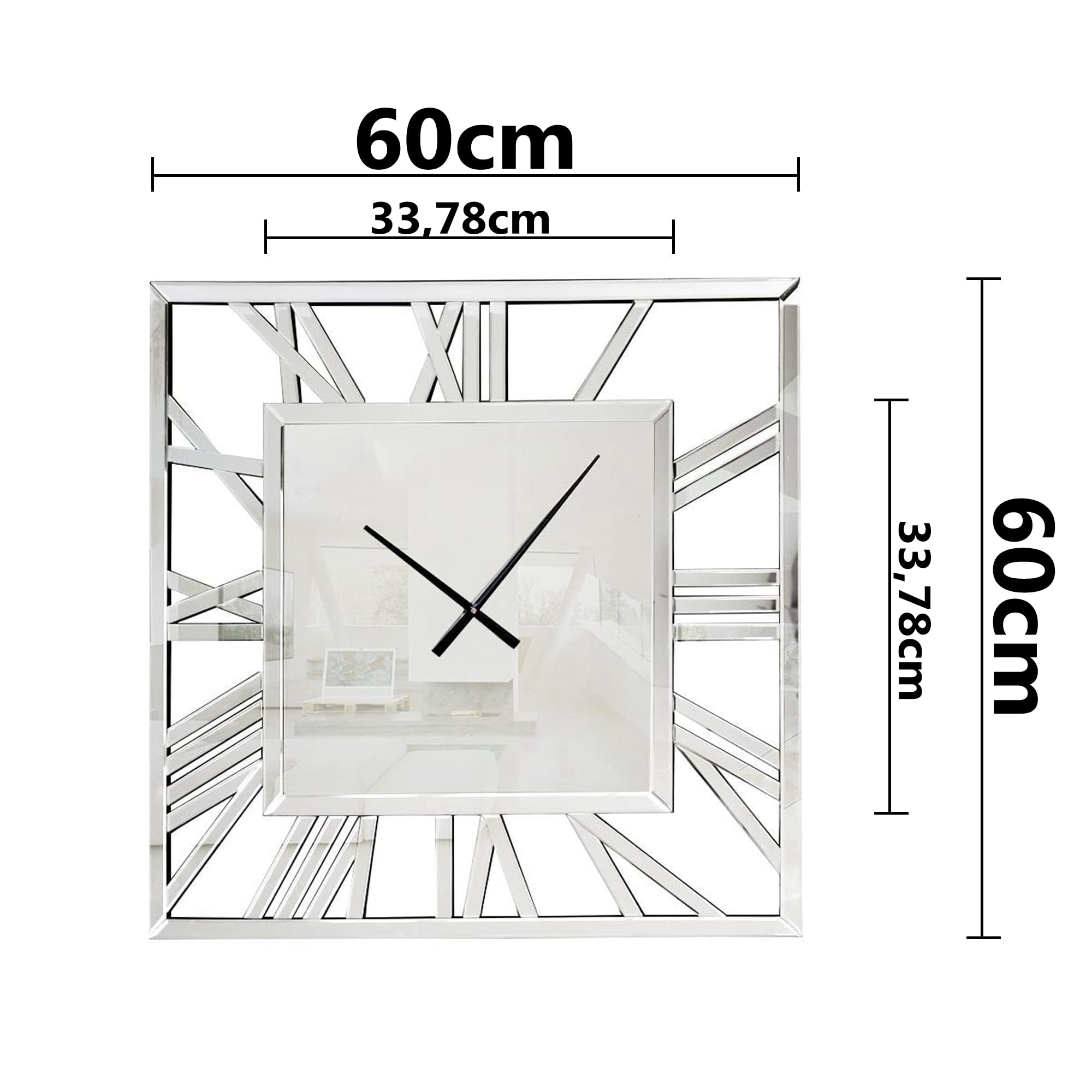 SHYFOY - Reloj de pared cuadrado grande y moderno, 60 cm, silencioso, casi sin tic-tac con pilas, espejo de cristal, números romanos, para sala de estar, dormitorio, cocina, decoración de pared
