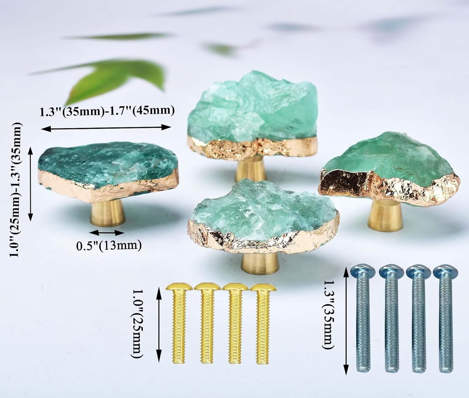 Green Fluorite Stone Drawer Cabinet Knobs Healing Crystal Knobs Handles Gold Plated Gemstone Cupboard Pulls Decorative for Home Office 4 Pack