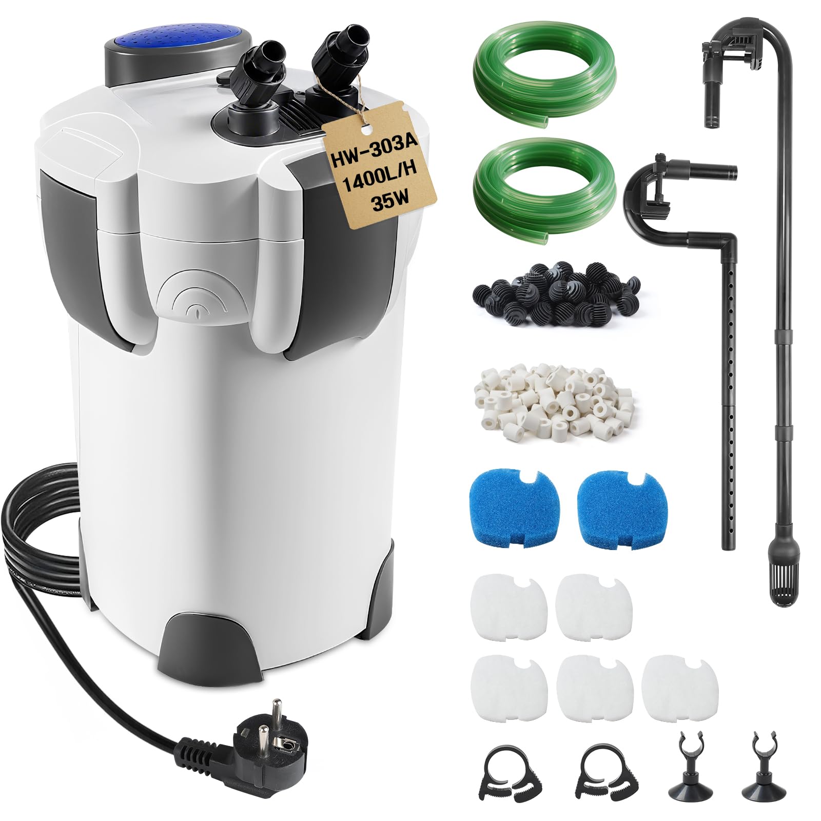 EXLECO Filtro Externo Acuario 1400L/H 35W Filtro Pecera Flujo Ajustable con Material Filtrante y Manguera Acuario Tubo, Bomba de Filtro Aquário Potente Profesional para Pecera de Menos de 300L HW-303A