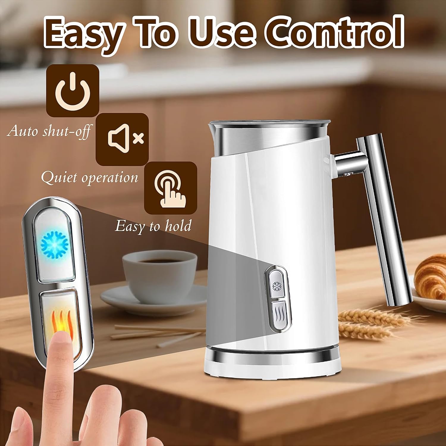 Milk Frother and Steamer, Non-Slip Stylish Design, Hot & Cold Milk Steamer with Temperature Control, Auto Shut-Off Frother for Coffee, Latte, Cappuccino, Macchiato (white)