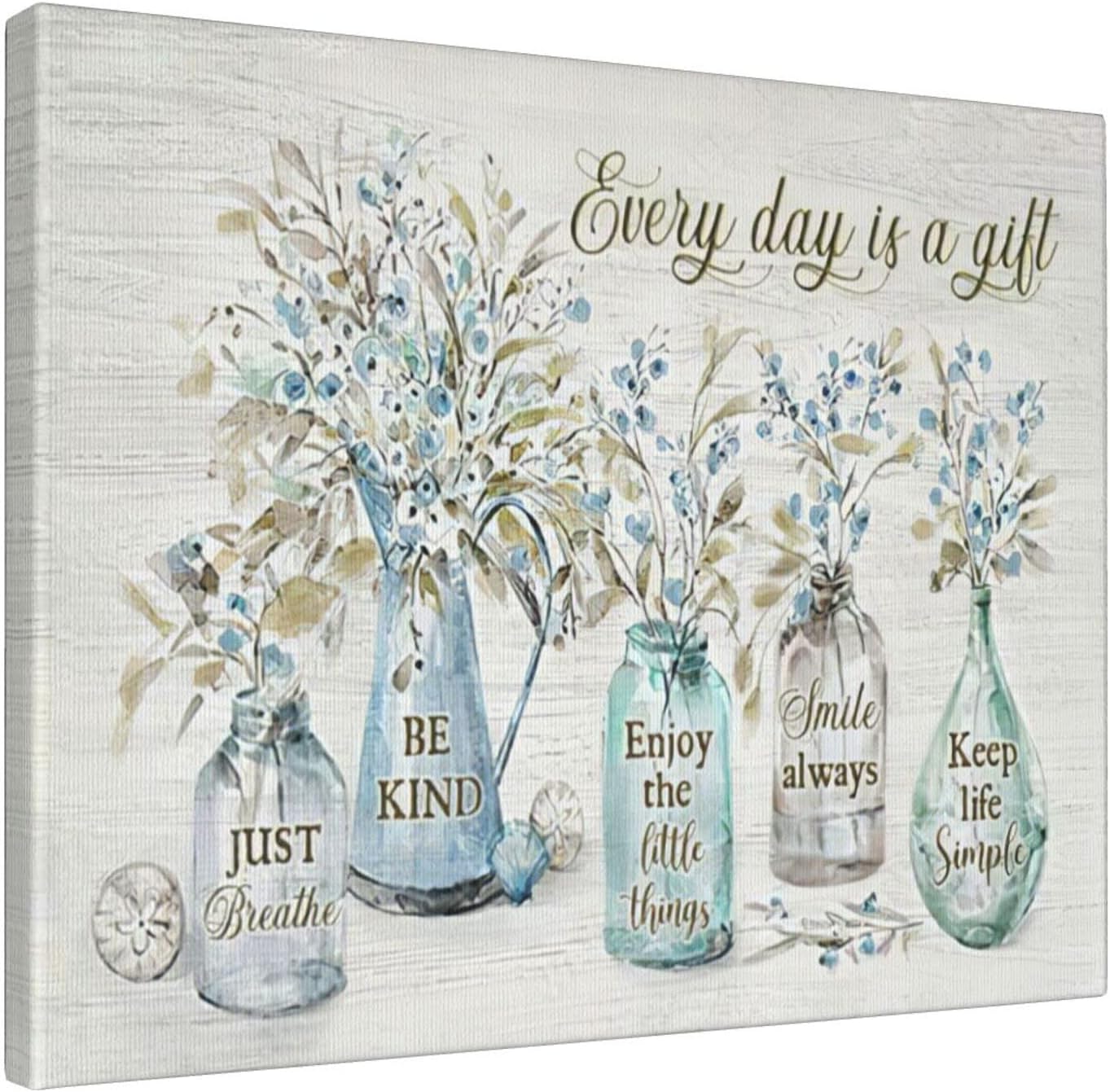 shuweienphant rustic farmhouse bathroom wall art flower pictures decor inspirational quotes canvas painting print every day is a gift artwork modern home framed for living room bedroom 16"x20" flower7 20"l x 16"w