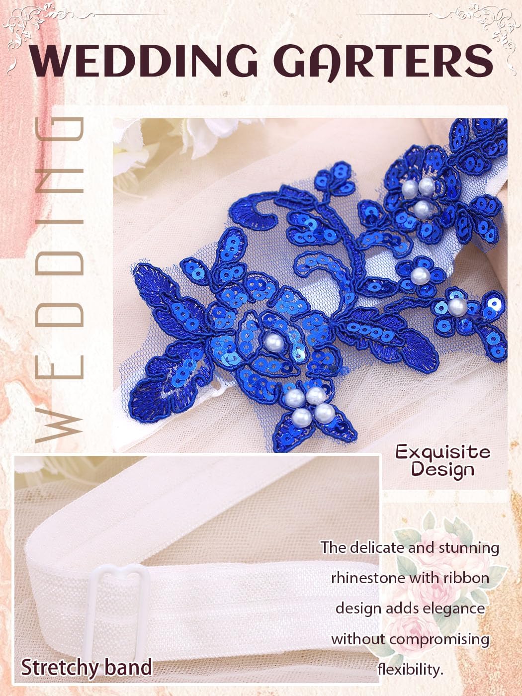 Woeoe Wedding Garters Set Lace Bridal Garter Stretchy Floral Garter for Bride Blue
