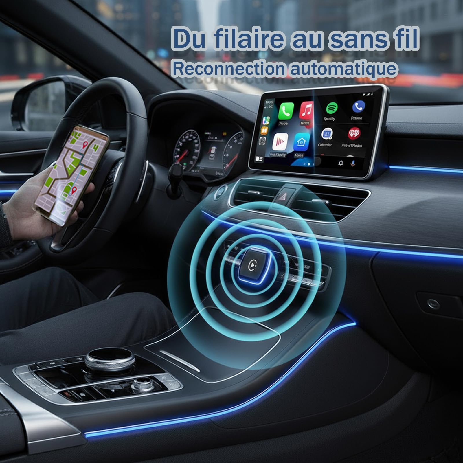 Adaptateur CarPlay & Android Auto Sans Fil - WiFi 6 & Bluetooth 5.4 - Connexion Ultra-Stable en 10s - Latence Minimale - Plug & Play pour Véhicules 2016+
