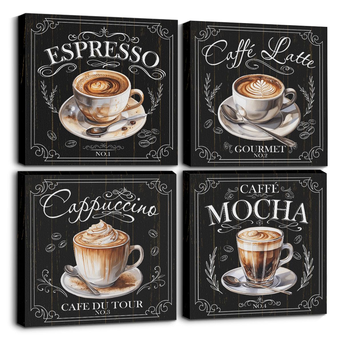 4 PCs Coffee Wall Decor Canvas Wall Art Framed Art Coffee Bar Decor Posters, Gifts for Coffee Lovers, Coffee Bar Sign, Artwork for Walls Coffee