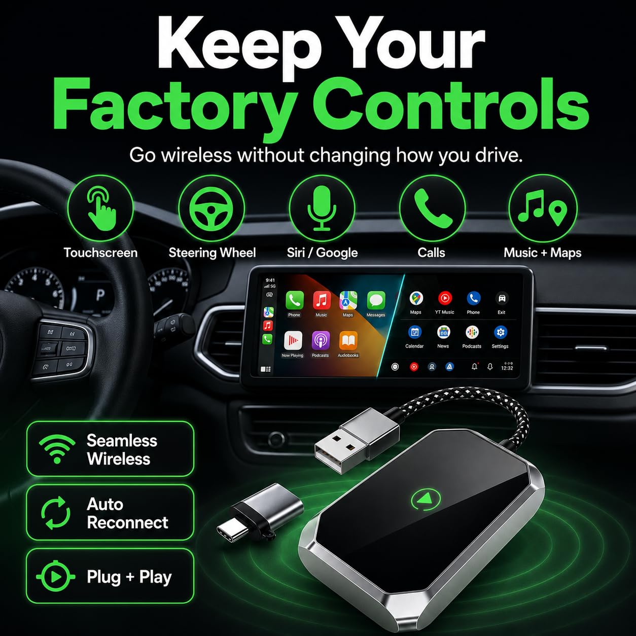 Adaptador inalámbrico 2 en 1 para CarPlay y Android Auto (actualización 2026), con cable a inalámbrico, Plug & Play para iOS 7.1+ y coches para 2015, mini USB-C/USB-A Dongle de coche
