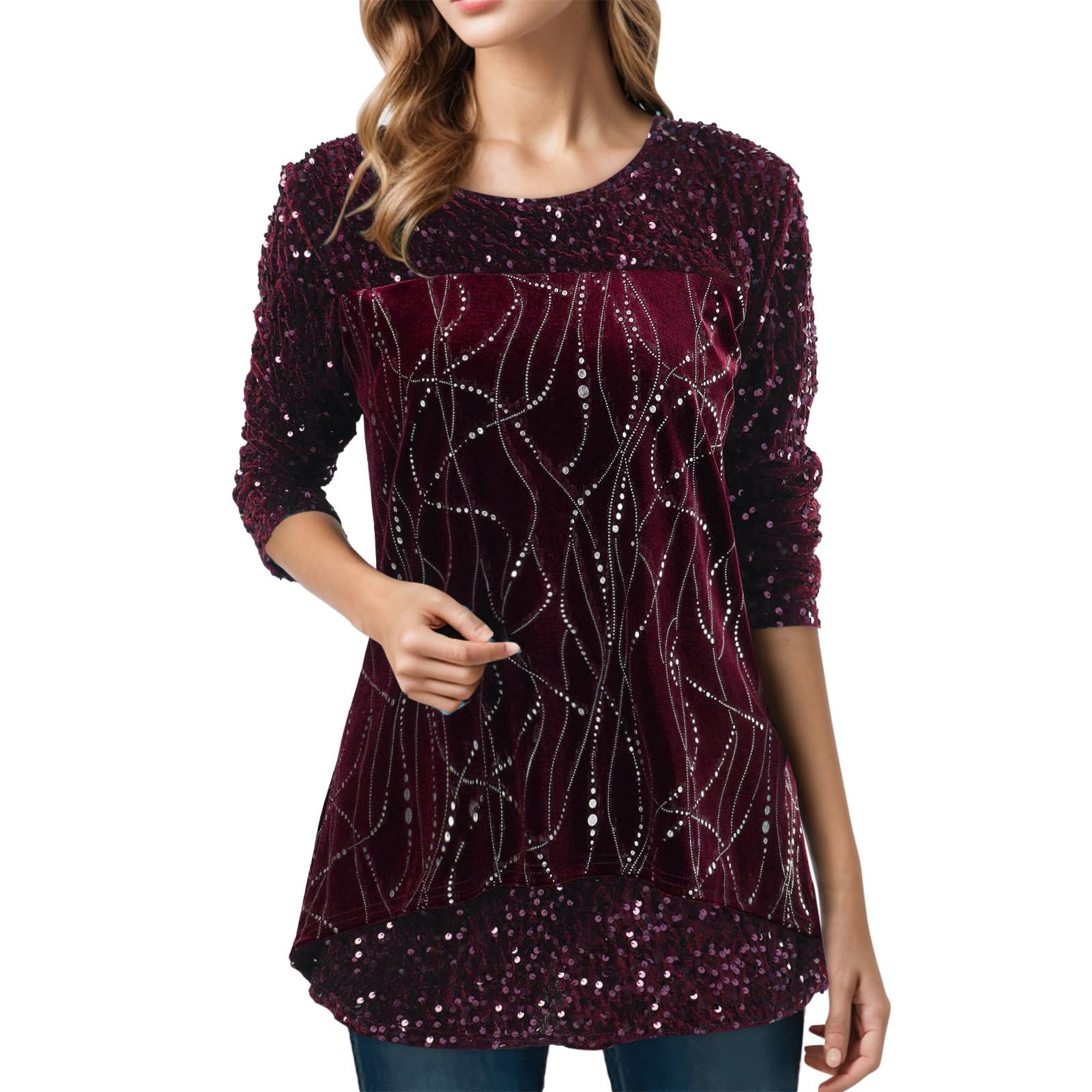 Glitzer Oberteile Damen, Pailletten Bluse Damen Elegant,T Shirt Damen Langarm Asymmetrischer Saum Langarmshirt Locker Tunika Tops Longshirt Festliche Party Oberteil Blusen & Tuniken für Frauen